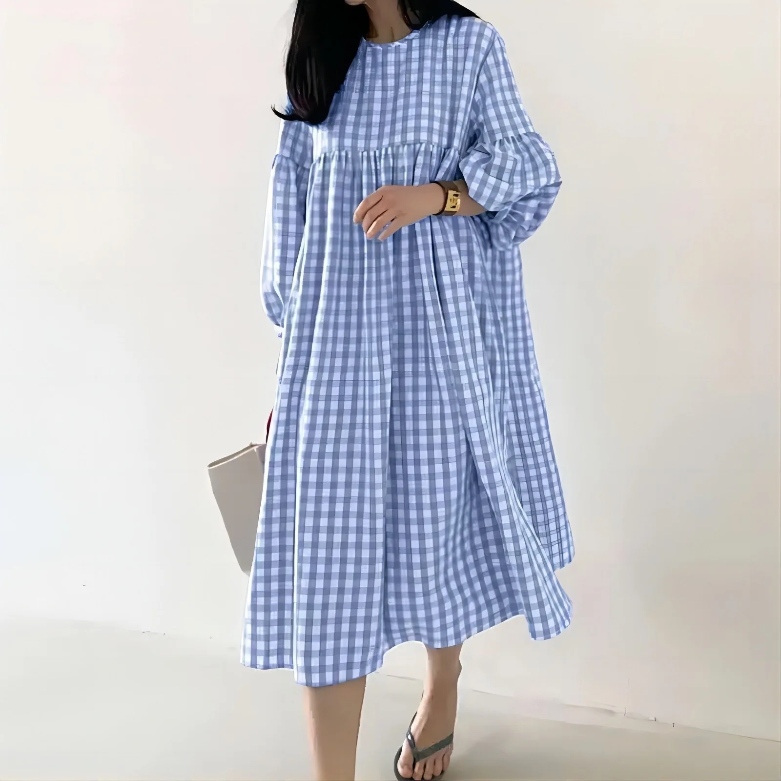 New 2026 Vintage Check Dresses for Women Fashion Puff Sleeve Casual Midi Dress Females O-neck Loose Robe Summer Oversize Vestido