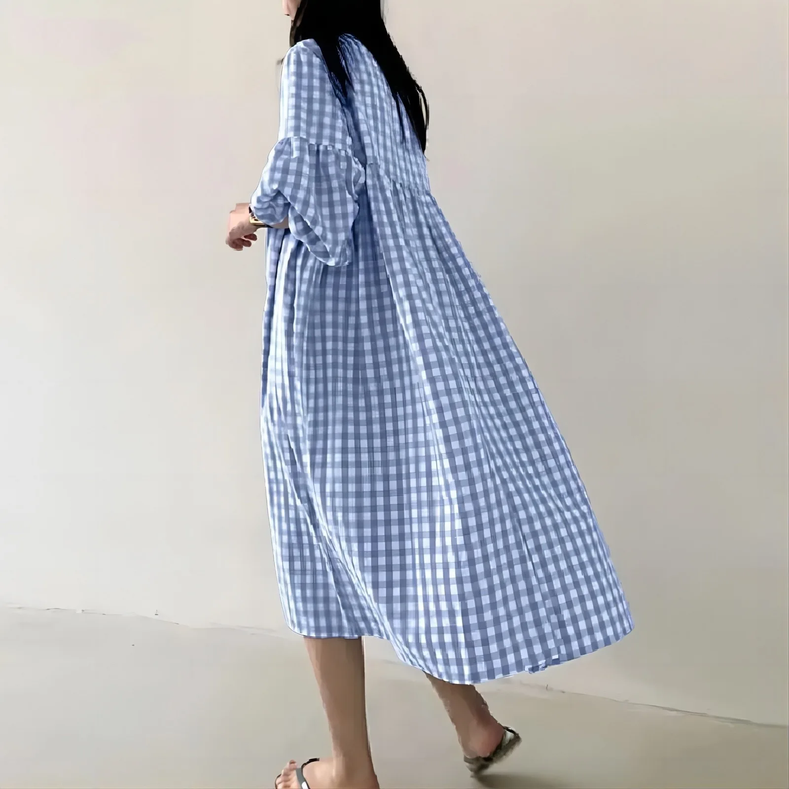 New 2026 Vintage Check Dresses for Women Fashion Puff Sleeve Casual Midi Dress Females O-neck Loose Robe Summer Oversize Vestido
