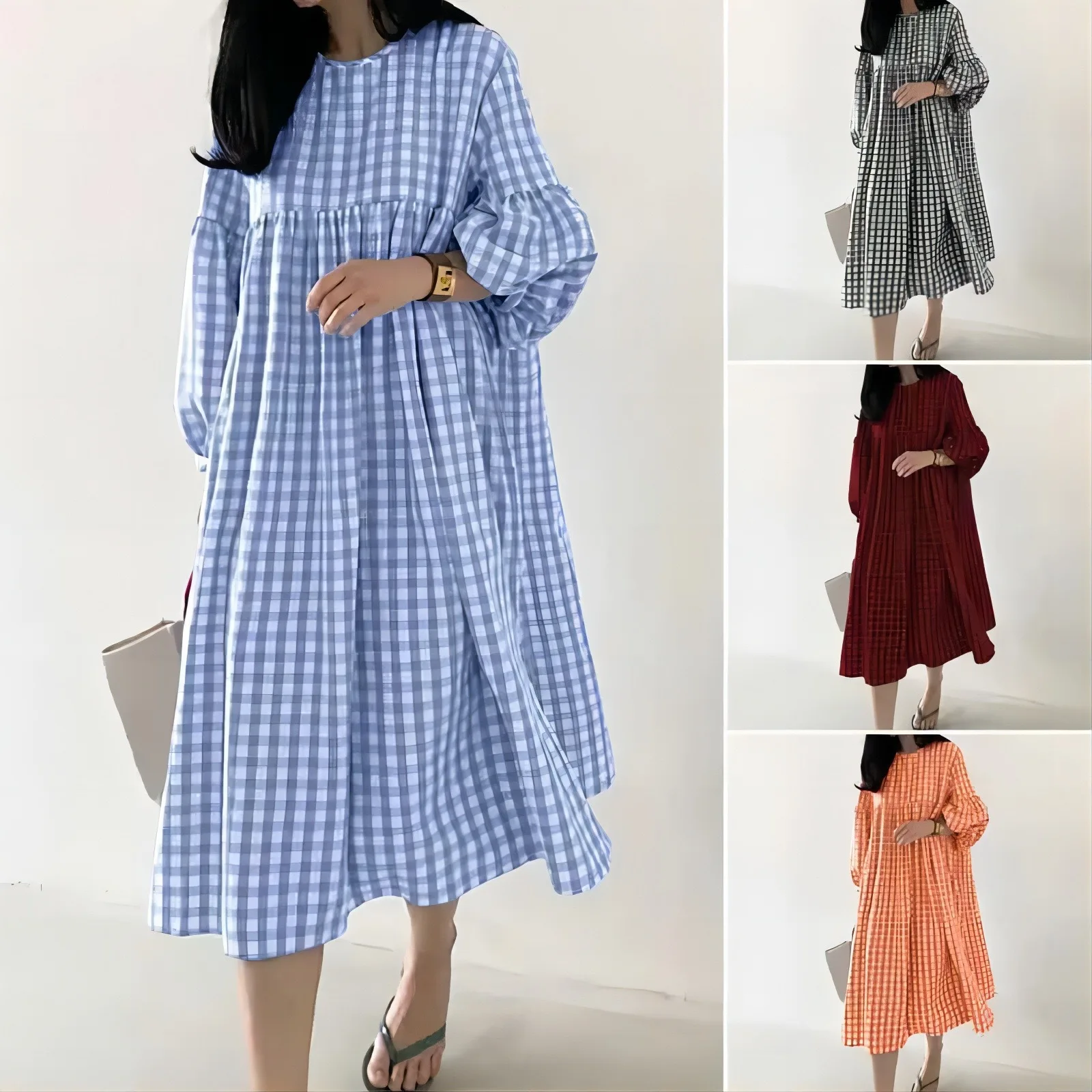 New 2026 Vintage Check Dresses for Women Fashion Puff Sleeve Casual Midi Dress Females O-neck Loose Robe Summer Oversize Vestido