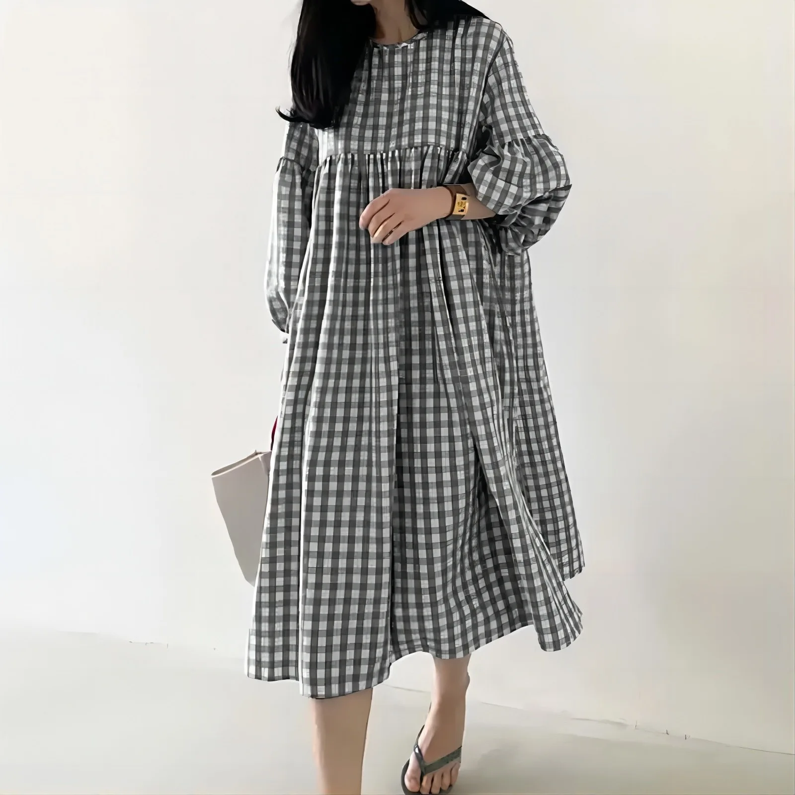 New 2026 Vintage Check Dresses for Women Fashion Puff Sleeve Casual Midi Dress Females O-neck Loose Robe Summer Oversize Vestido