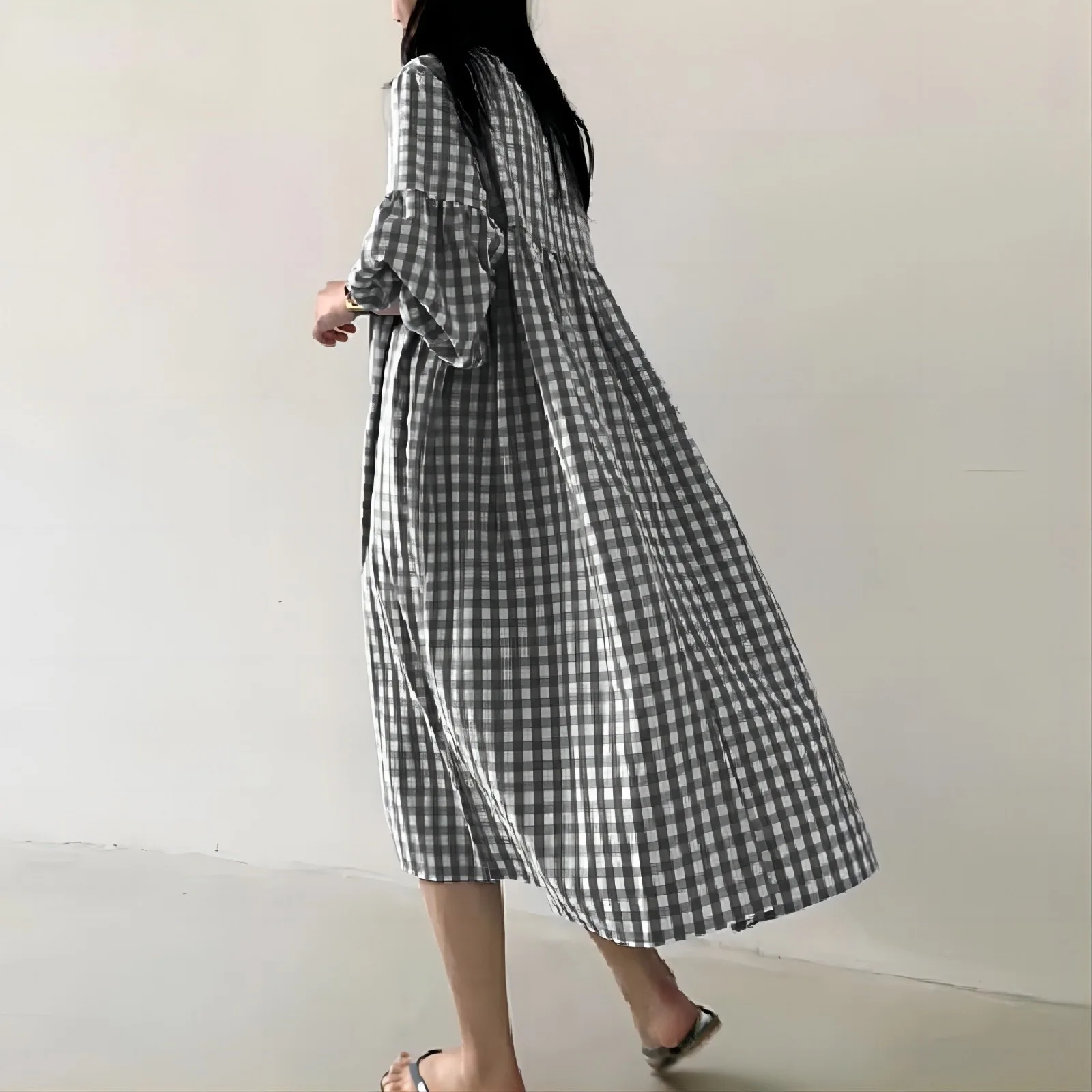 New 2026 Vintage Check Dresses for Women Fashion Puff Sleeve Casual Midi Dress Females O-neck Loose Robe Summer Oversize Vestido