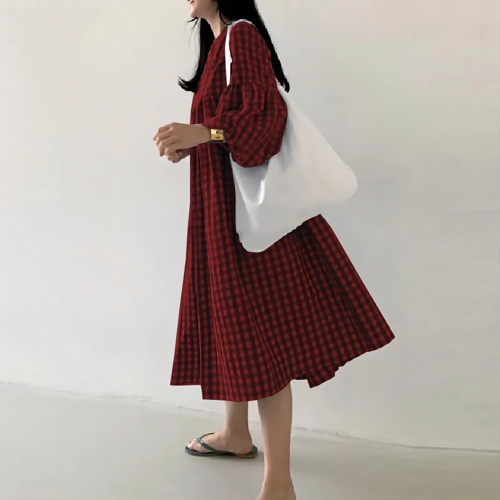 New 2026 Vintage Check Dresses for Women Fashion Puff Sleeve Casual Midi Dress Females O-neck Loose Robe Summer Oversize Vestido