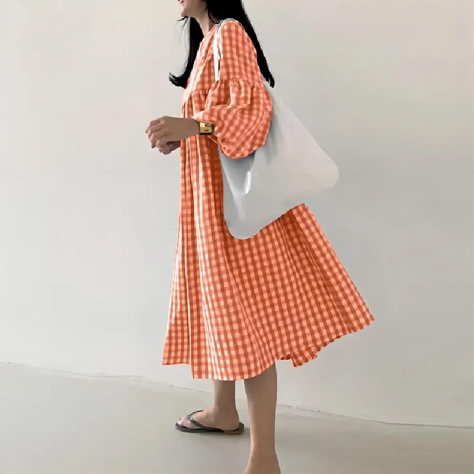 New 2026 Vintage Check Dresses for Women Fashion Puff Sleeve Casual Midi Dress Females O-neck Loose Robe Summer Oversize Vestido