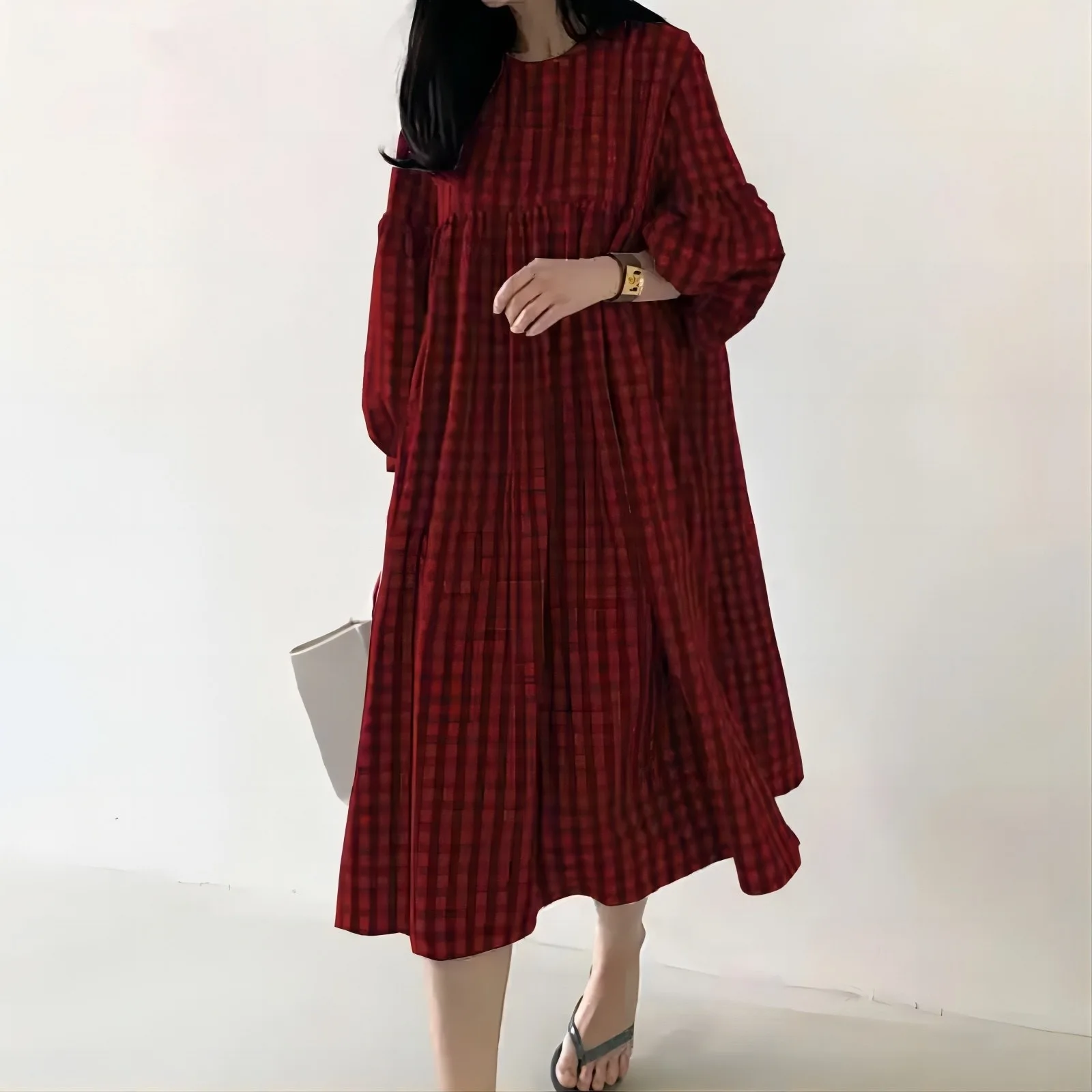 New 2026 Vintage Check Dresses for Women Fashion Puff Sleeve Casual Midi Dress Females O-neck Loose Robe Summer Oversize Vestido