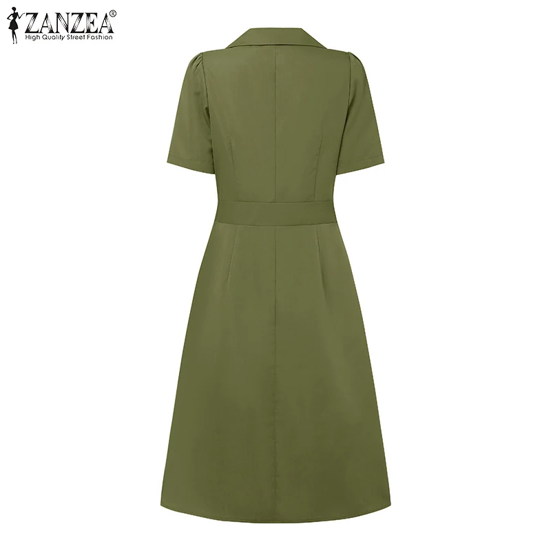 2025 Summer Dress ZANZEA Stylish Women Patchwork Dresses Elegant Lapel Neck Short Sleeve Pleated Sundress Casual Work Vestidos