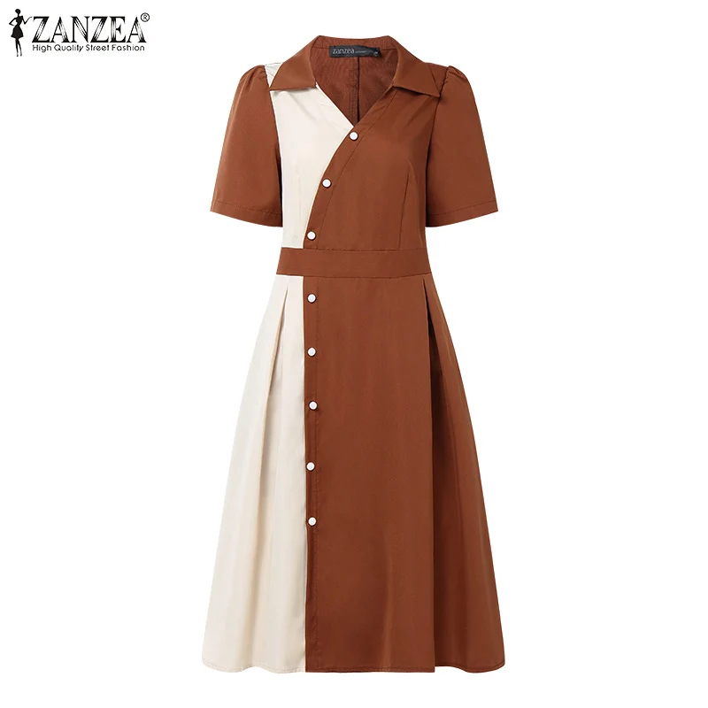 2025 Summer Dress ZANZEA Stylish Women Patchwork Dresses Elegant Lapel Neck Short Sleeve Pleated Sundress Casual Work Vestidos