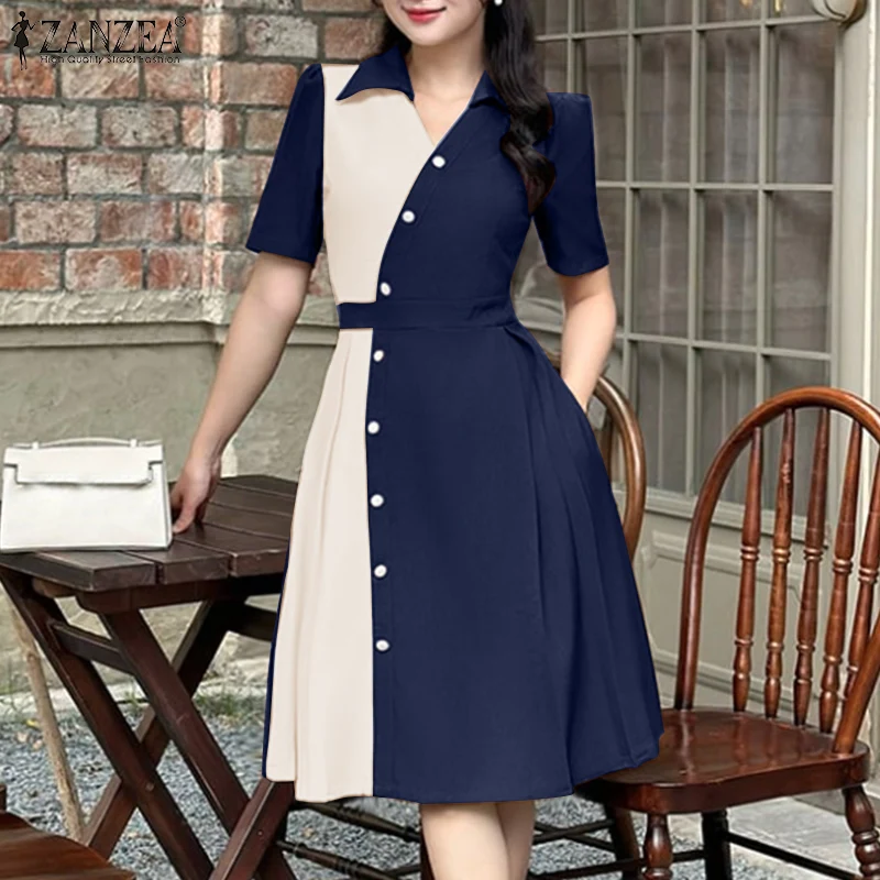 2025 Summer Dress ZANZEA Stylish Women Patchwork Dresses Elegant Lapel Neck Short Sleeve Pleated Sundress Casual Work Vestidos