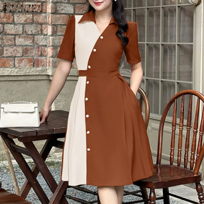 2025 Summer Dress ZANZEA Stylish Women Patchwork Dresses Elegant Lapel Neck Short Sleeve Pleated Sundress Casual Work Vestidos