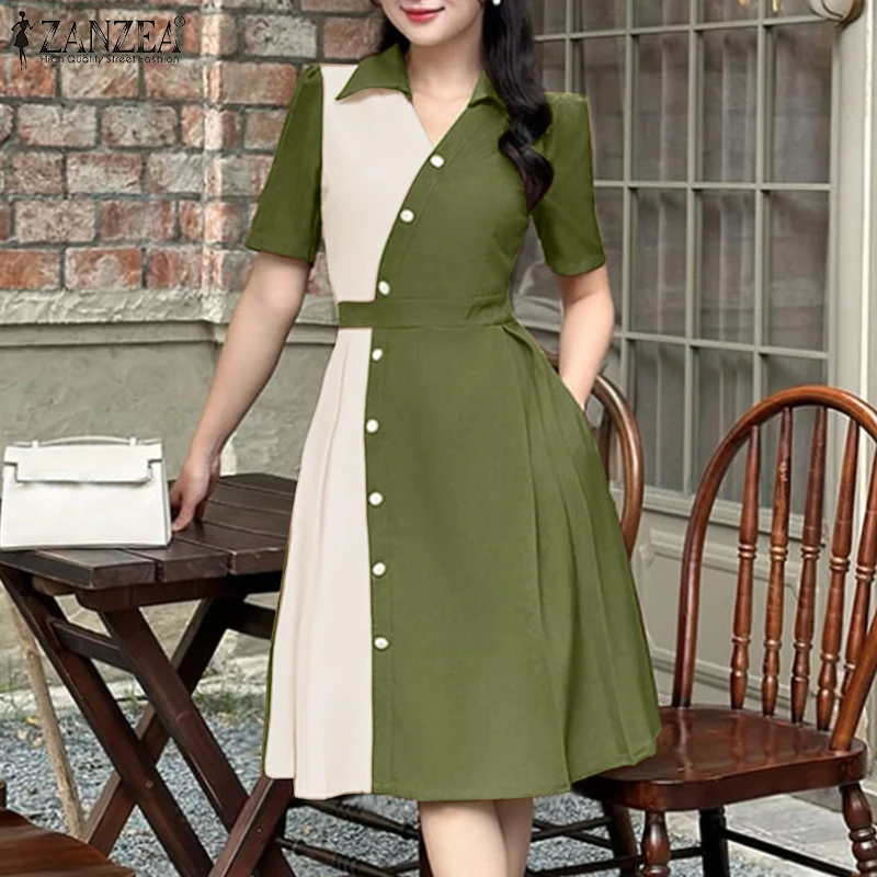 2025 Summer Dress ZANZEA Stylish Women Patchwork Dresses Elegant Lapel Neck Short Sleeve Pleated Sundress Casual Work Vestidos