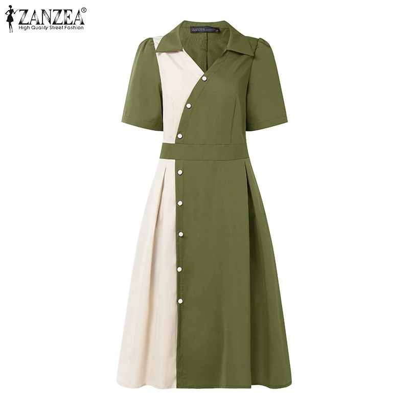 2025 Summer Dress ZANZEA Stylish Women Patchwork Dresses Elegant Lapel Neck Short Sleeve Pleated Sundress Casual Work Vestidos