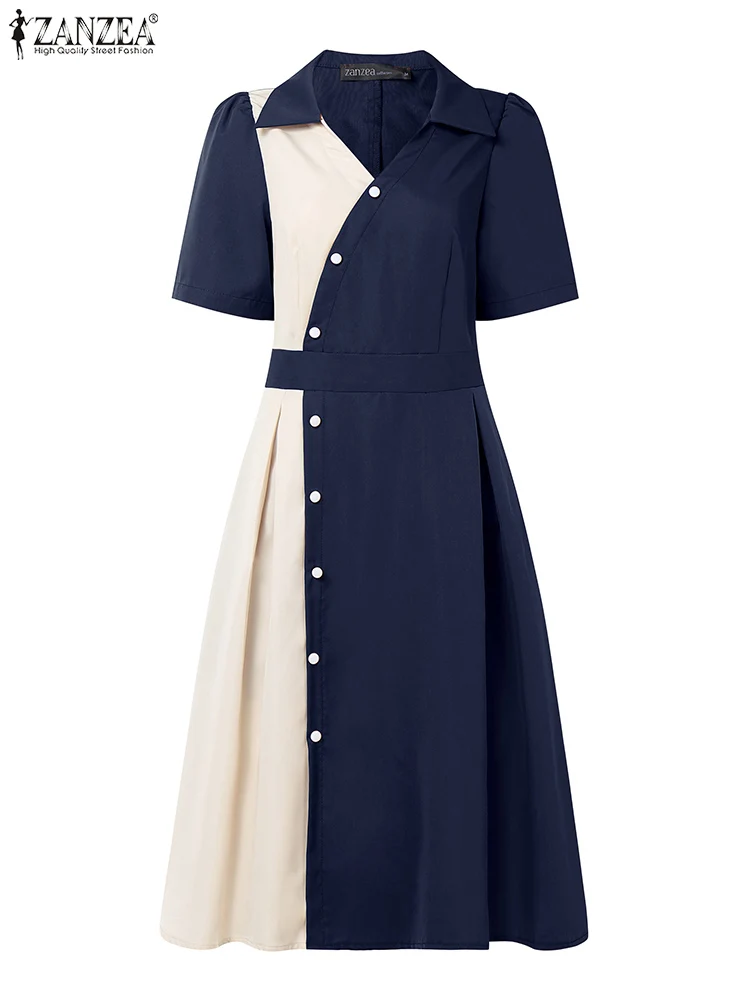 2025 Summer Dress ZANZEA Stylish Women Patchwork Dresses Elegant Lapel Neck Short Sleeve Pleated Sundress Casual Work Vestidos