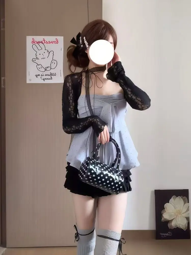 Aesthetic Vintage Lace Slim Dress Women Gothic Sexy Y2k Lace Up Cardigan Women High Street Hot Girl Off Shoulder Sling Dresses