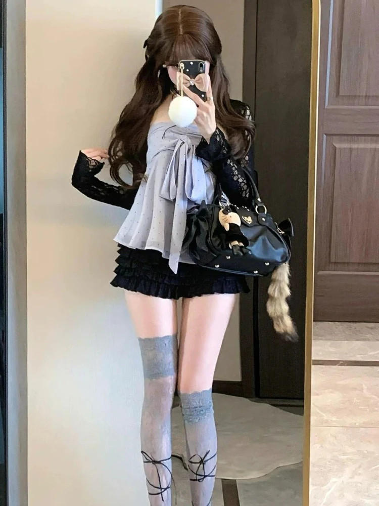 Aesthetic Vintage Lace Slim Dress Women Gothic Sexy Y2k Lace Up Cardigan Women High Street Hot Girl Off Shoulder Sling Dresses