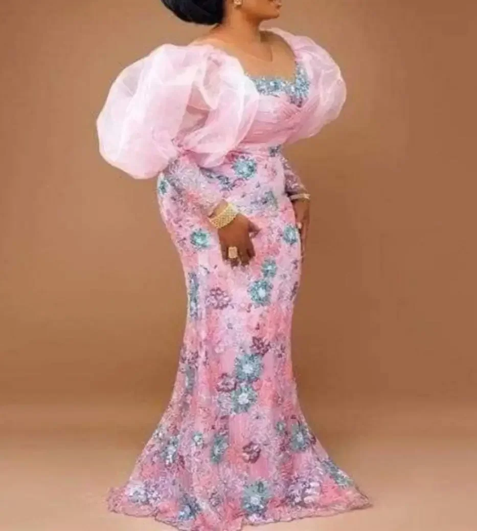 African Wedding Party Dresses for Women Autumn Africa Elegant Long Sleeve Pink Evening Long Robes African Gowns African Clothing