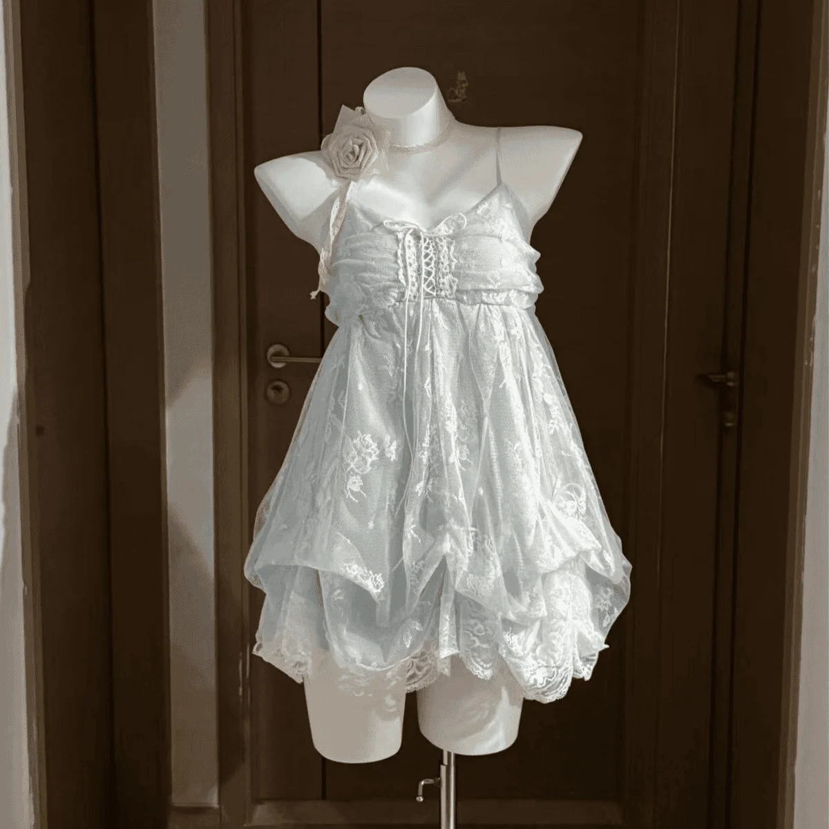 French Vintage Dress Lace Tulle Trim Ruffle Spaghetti Strap Lace Up Front Bubble Hem Mini Dress Sweet Fairy Style Women Wear