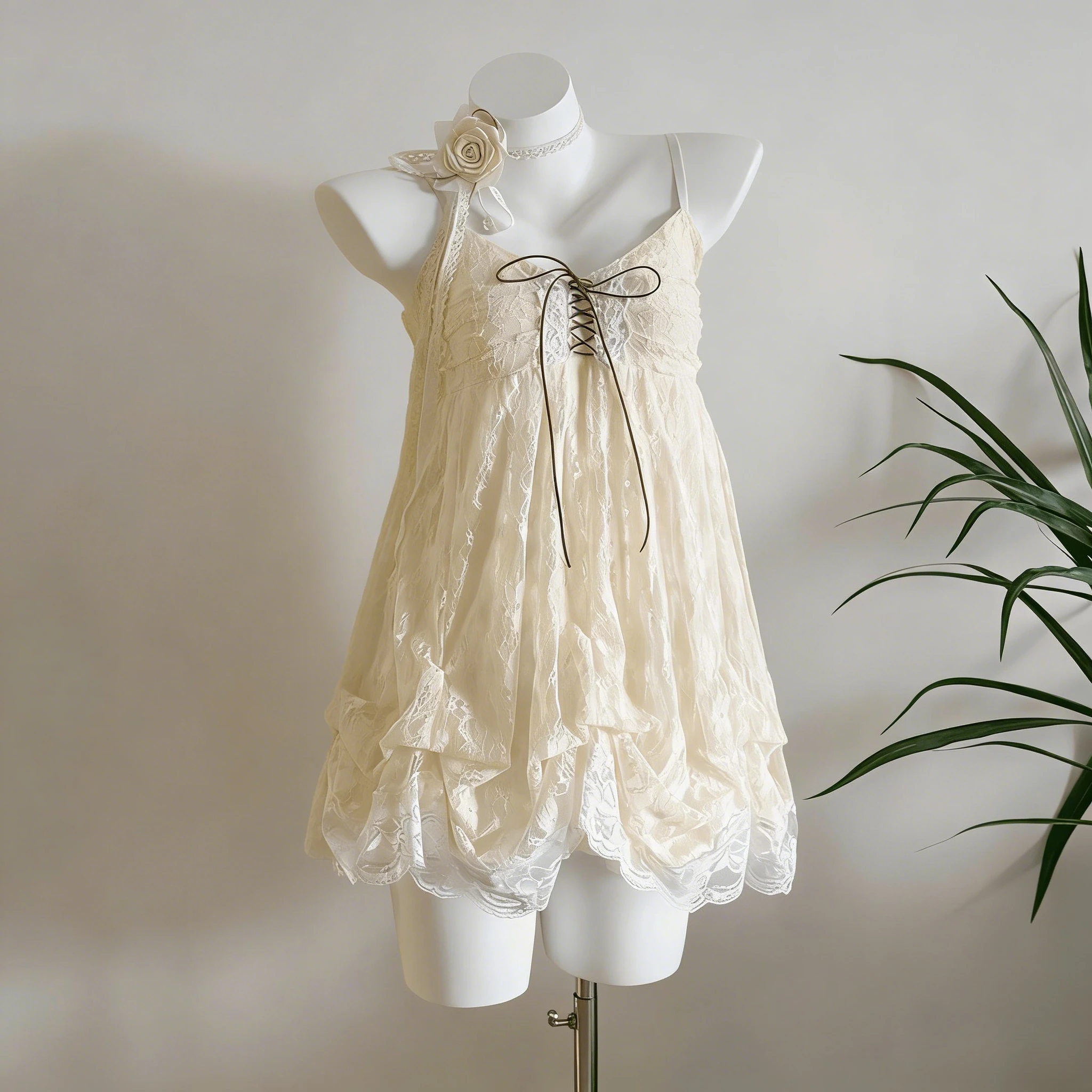 French Vintage Dress Lace Tulle Trim Ruffle Spaghetti Strap Lace Up Front Bubble Hem Mini Dress Sweet Fairy Style Women Wear