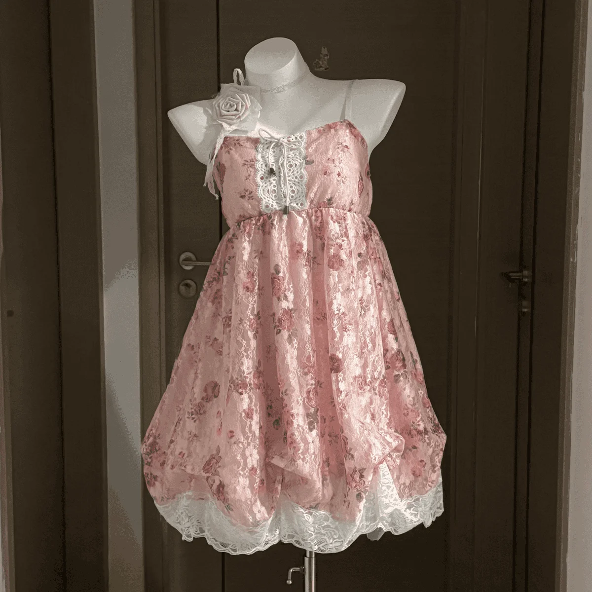 French Vintage Dress Lace Tulle Trim Ruffle Spaghetti Strap Lace Up Front Bubble Hem Mini Dress Sweet Fairy Style Women Wear