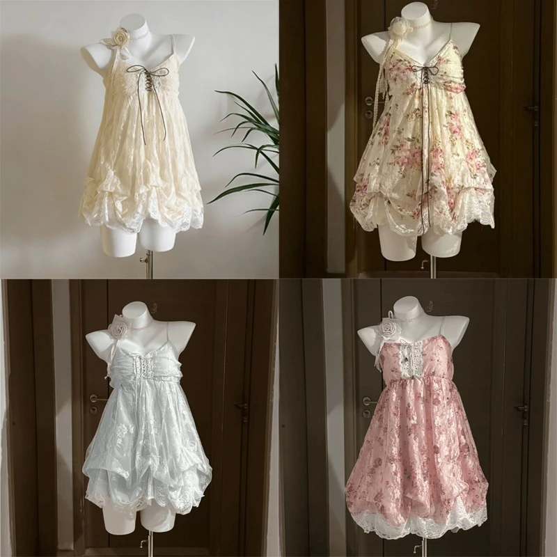 French Vintage Dress Lace Tulle Trim Ruffle Spaghetti Strap Lace Up Front Bubble Hem Mini Dress Sweet Fairy Style Women Wear