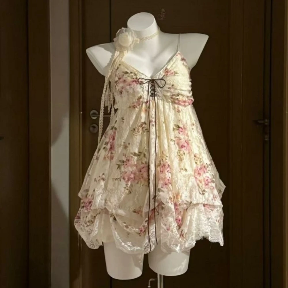 French Vintage Dress Lace Tulle Trim Ruffle Spaghetti Strap Lace Up Front Bubble Hem Mini Dress Sweet Fairy Style Women Wear