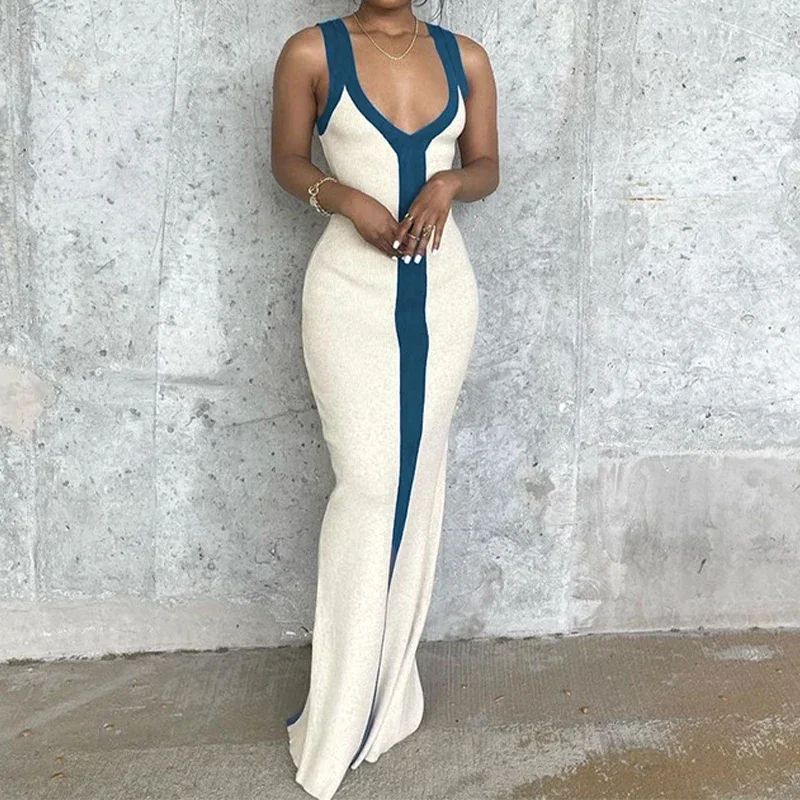 Sexy V-neck Contrast Color Off-shoulder Sleeveless Striped Wide Sling Split Hem Long Dress Temperament Party Club Casual Clothes