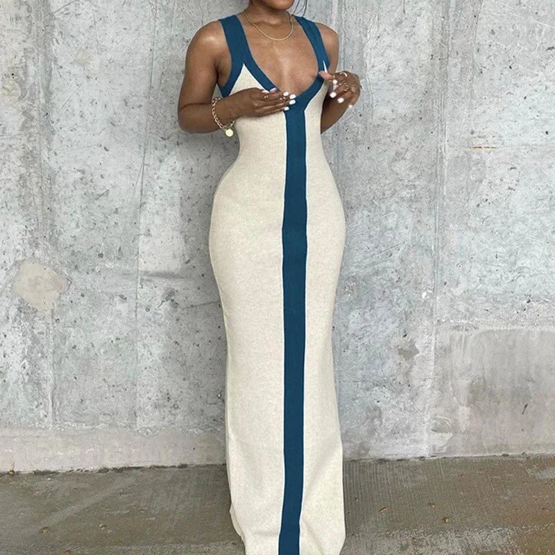 Sexy V-neck Contrast Color Off-shoulder Sleeveless Striped Wide Sling Split Hem Long Dress Temperament Party Club Casual Clothes
