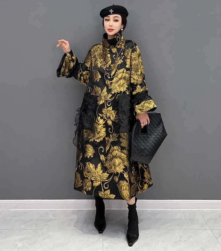 Gold Flowers Jacquard New Korean Style Woman Winter Loose Fit Chic Dress Big Size Turtleneck Girls Unique Casual Robe JJXD679