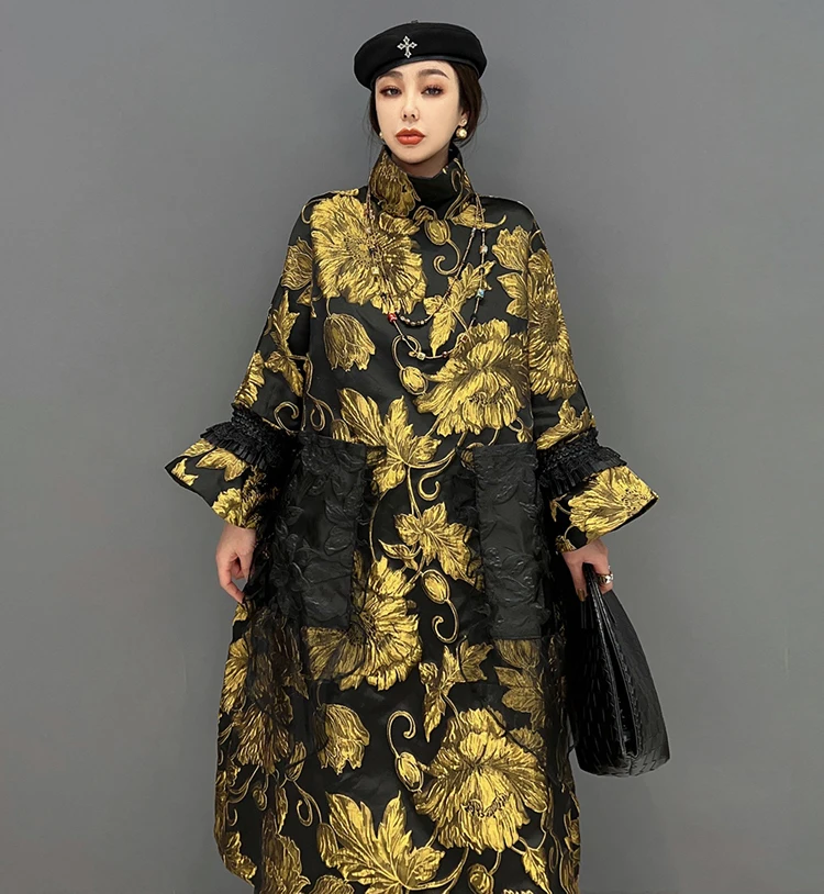 Gold Flowers Jacquard New Korean Style Woman Winter Loose Fit Chic Dress Big Size Turtleneck Girls Unique Casual Robe JJXD679