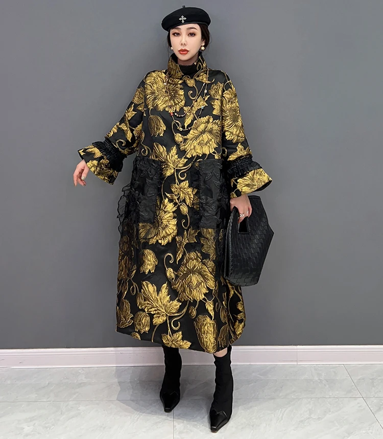 Gold Flowers Jacquard New Korean Style Woman Winter Loose Fit Chic Dress Big Size Turtleneck Girls Unique Casual Robe JJXD679
