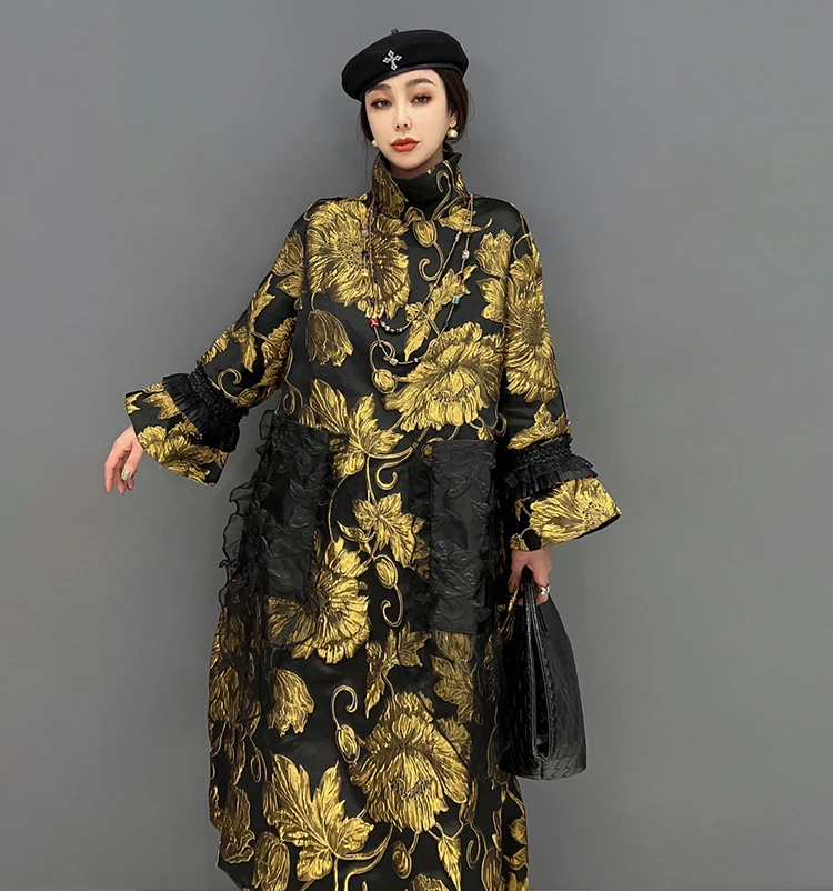 Gold Flowers Jacquard New Korean Style Woman Winter Loose Fit Chic Dress Big Size Turtleneck Girls Unique Casual Robe JJXD679
