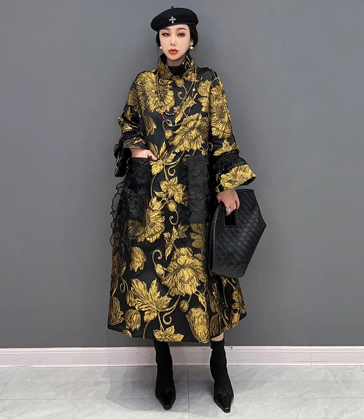 Gold Flowers Jacquard New Korean Style Woman Winter Loose Fit Chic Dress Big Size Turtleneck Girls Unique Casual Robe JJXD679
