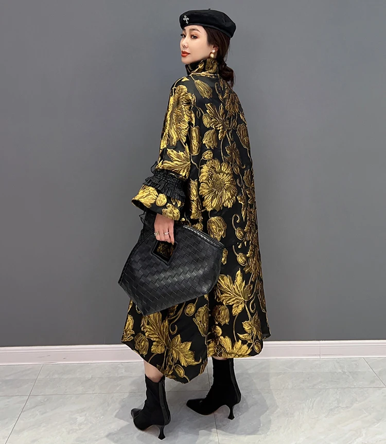 Gold Flowers Jacquard New Korean Style Woman Winter Loose Fit Chic Dress Big Size Turtleneck Girls Unique Casual Robe JJXD679