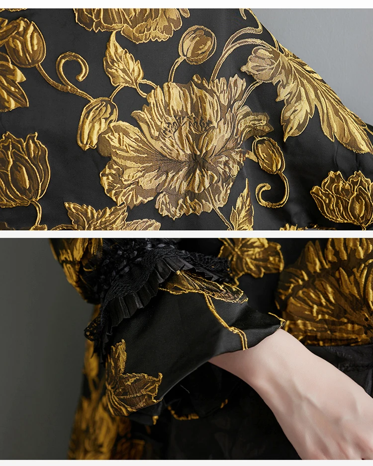 Gold Flowers Jacquard New Korean Style Woman Winter Loose Fit Chic Dress Big Size Turtleneck Girls Unique Casual Robe JJXD679