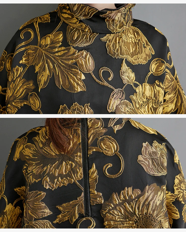Gold Flowers Jacquard New Korean Style Woman Winter Loose Fit Chic Dress Big Size Turtleneck Girls Unique Casual Robe JJXD679
