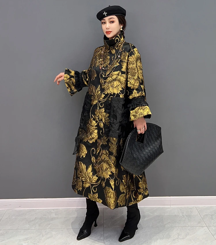 Gold Flowers Jacquard New Korean Style Woman Winter Loose Fit Chic Dress Big Size Turtleneck Girls Unique Casual Robe JJXD679
