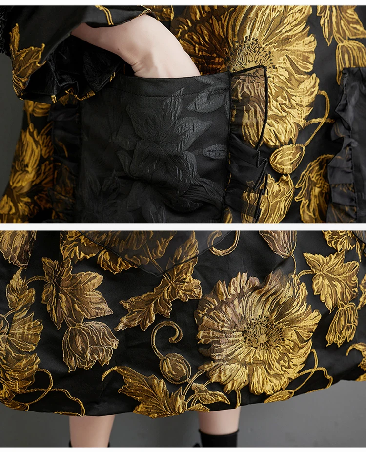 Gold Flowers Jacquard New Korean Style Woman Winter Loose Fit Chic Dress Big Size Turtleneck Girls Unique Casual Robe JJXD679