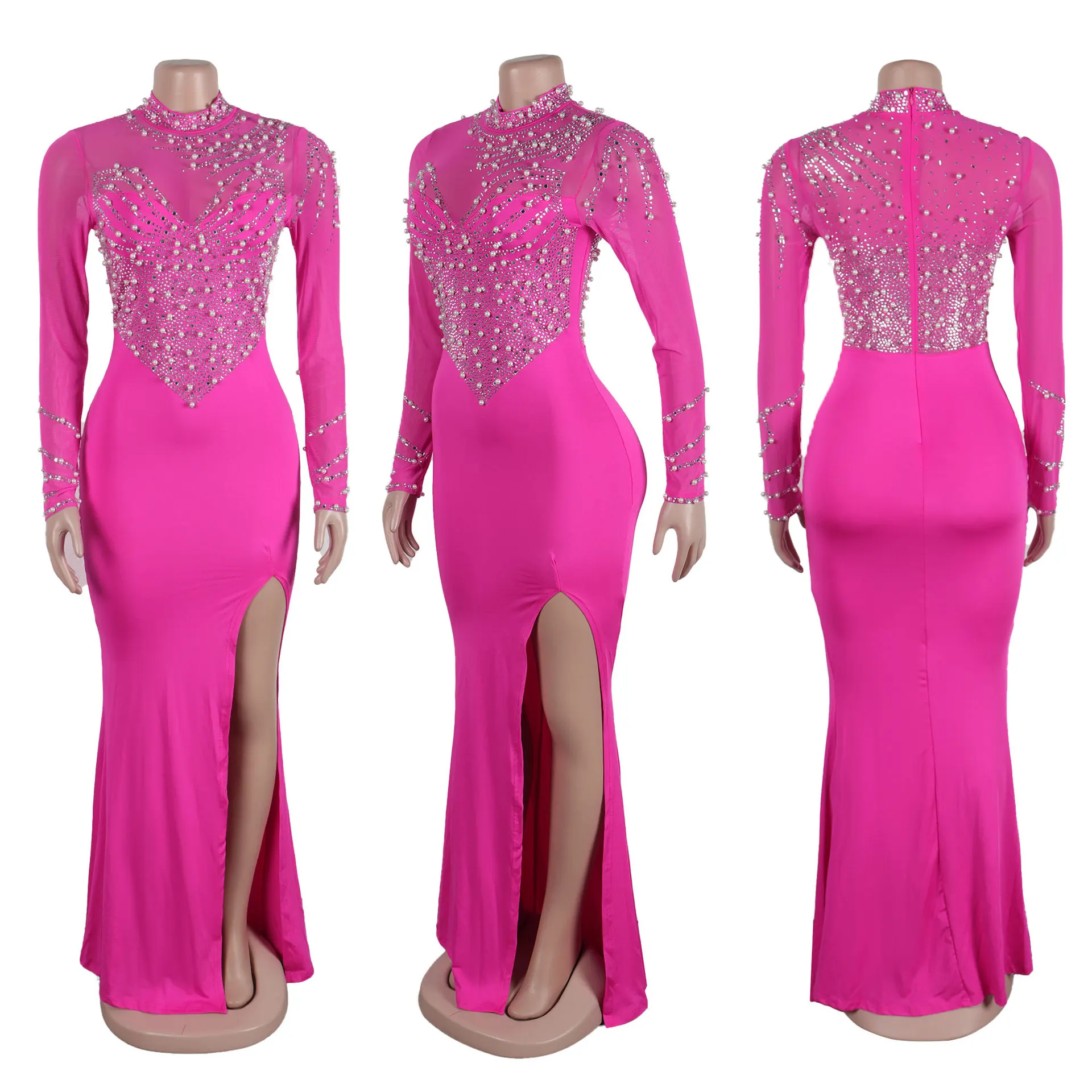 CM.YAYA Women Long Sleeve Diamonds Hot Rhinestones High Side Split Mermaid Midi Maxi Dress 2024 Even Sexy Party Dresses Vestidos