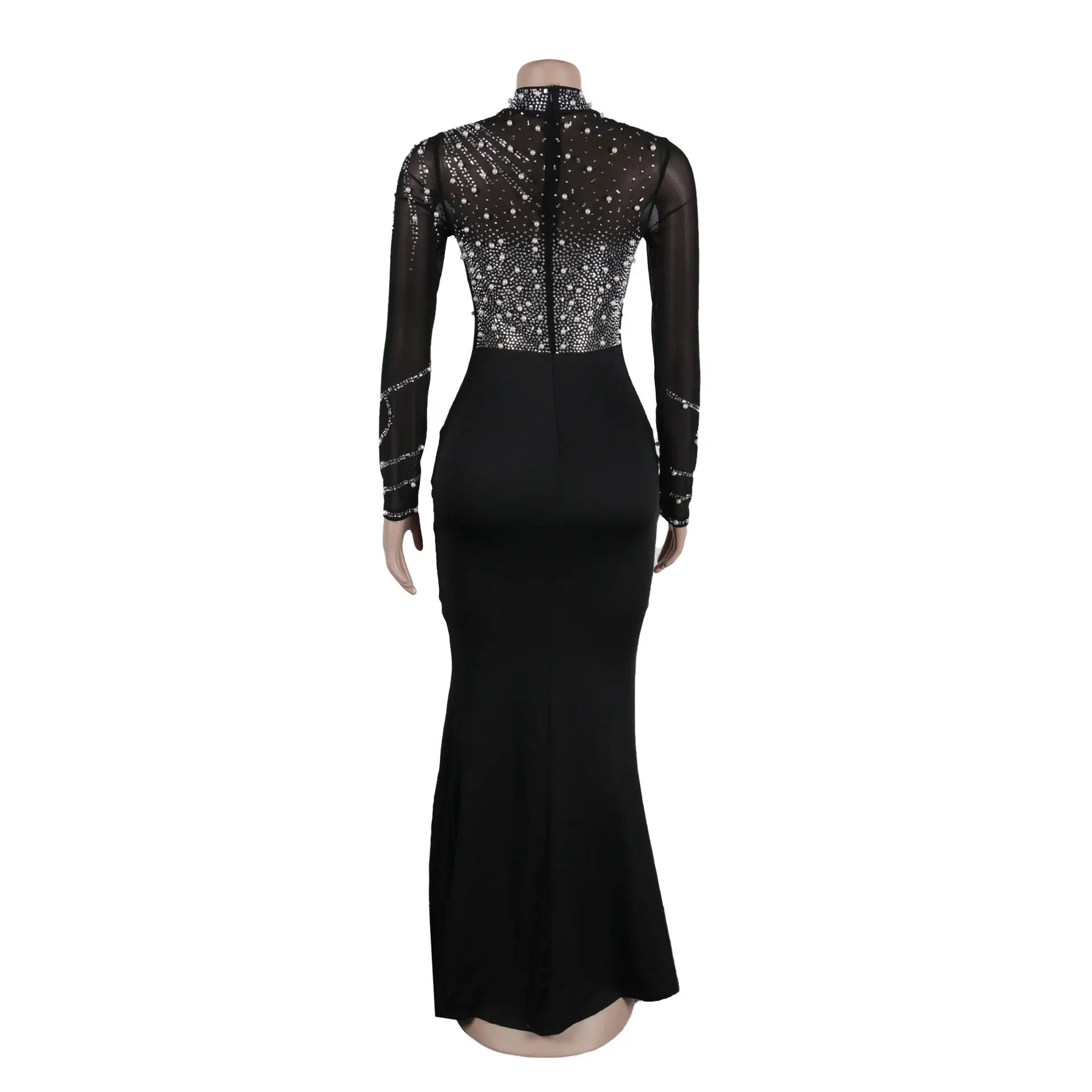 CM.YAYA Women Long Sleeve Diamonds Hot Rhinestones High Side Split Mermaid Midi Maxi Dress 2024 Even Sexy Party Dresses Vestidos