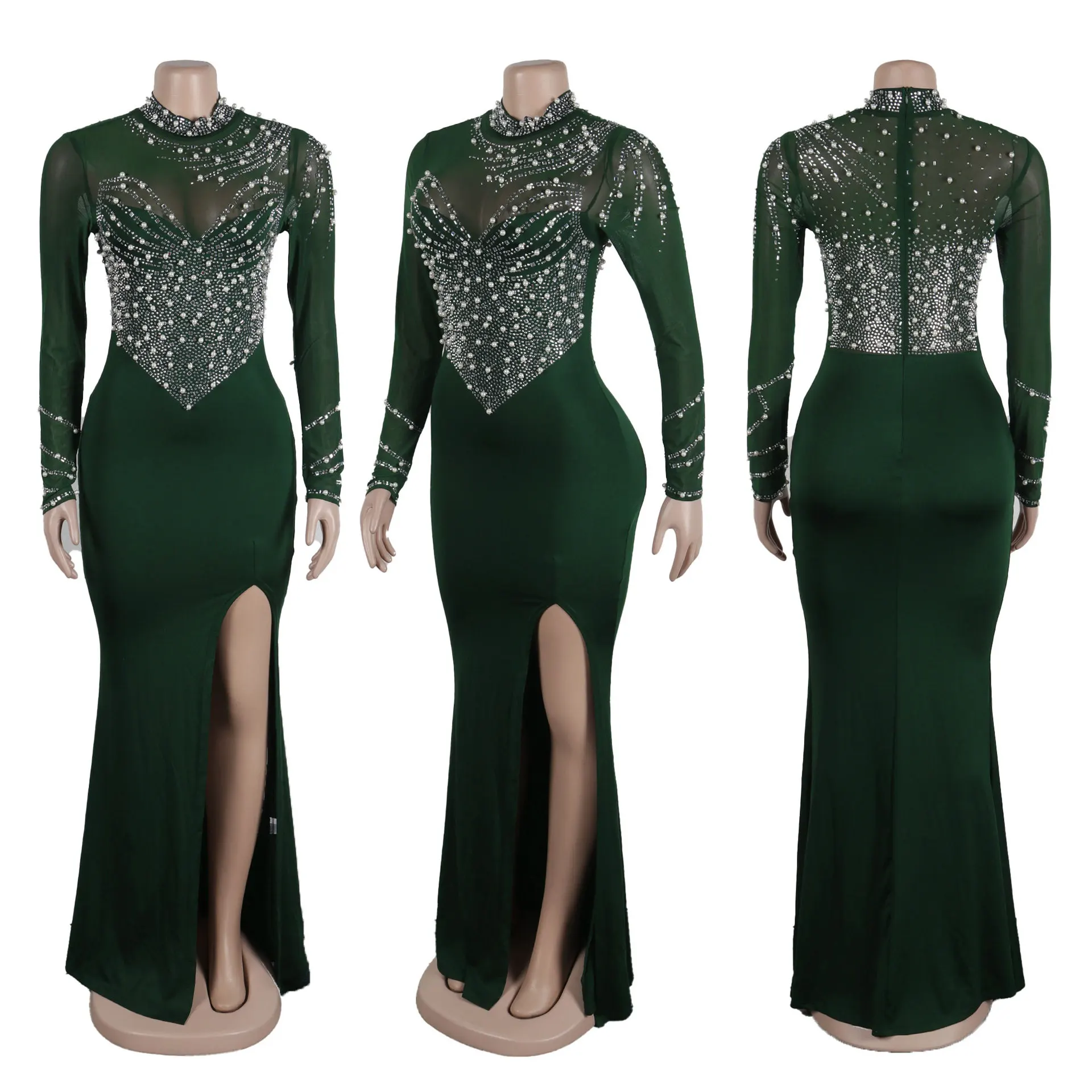 CM.YAYA Women Long Sleeve Diamonds Hot Rhinestones High Side Split Mermaid Midi Maxi Dress 2024 Even Sexy Party Dresses Vestidos