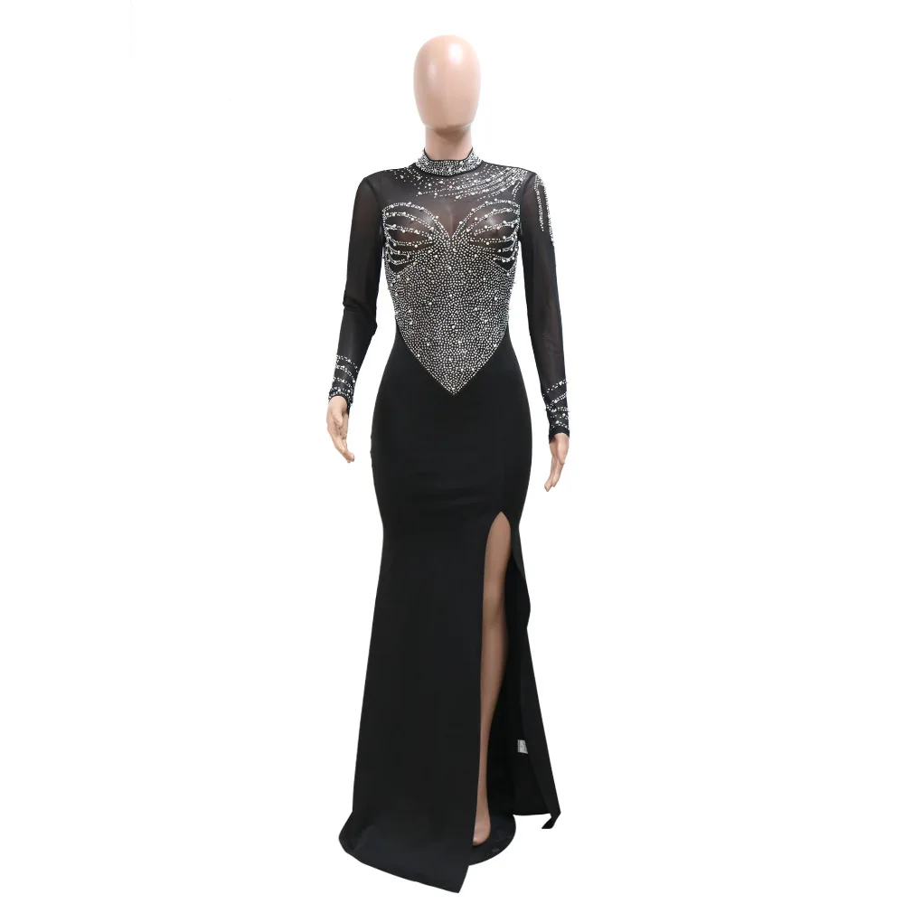 CM.YAYA Women Long Sleeve Diamonds Hot Rhinestones High Side Split Mermaid Midi Maxi Dress 2024 Even Sexy Party Dresses Vestidos