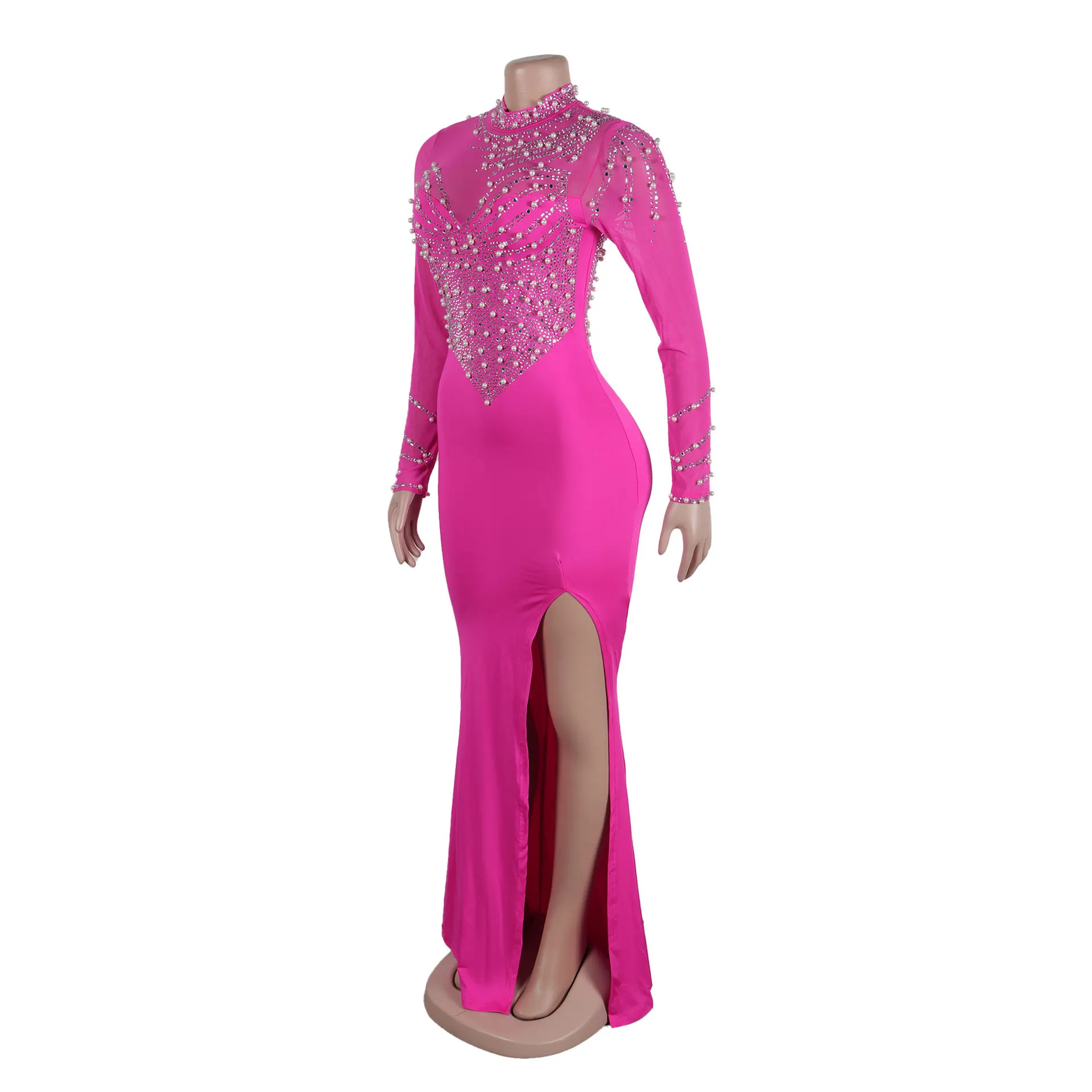 CM.YAYA Women Long Sleeve Diamonds Hot Rhinestones High Side Split Mermaid Midi Maxi Dress 2024 Even Sexy Party Dresses Vestidos