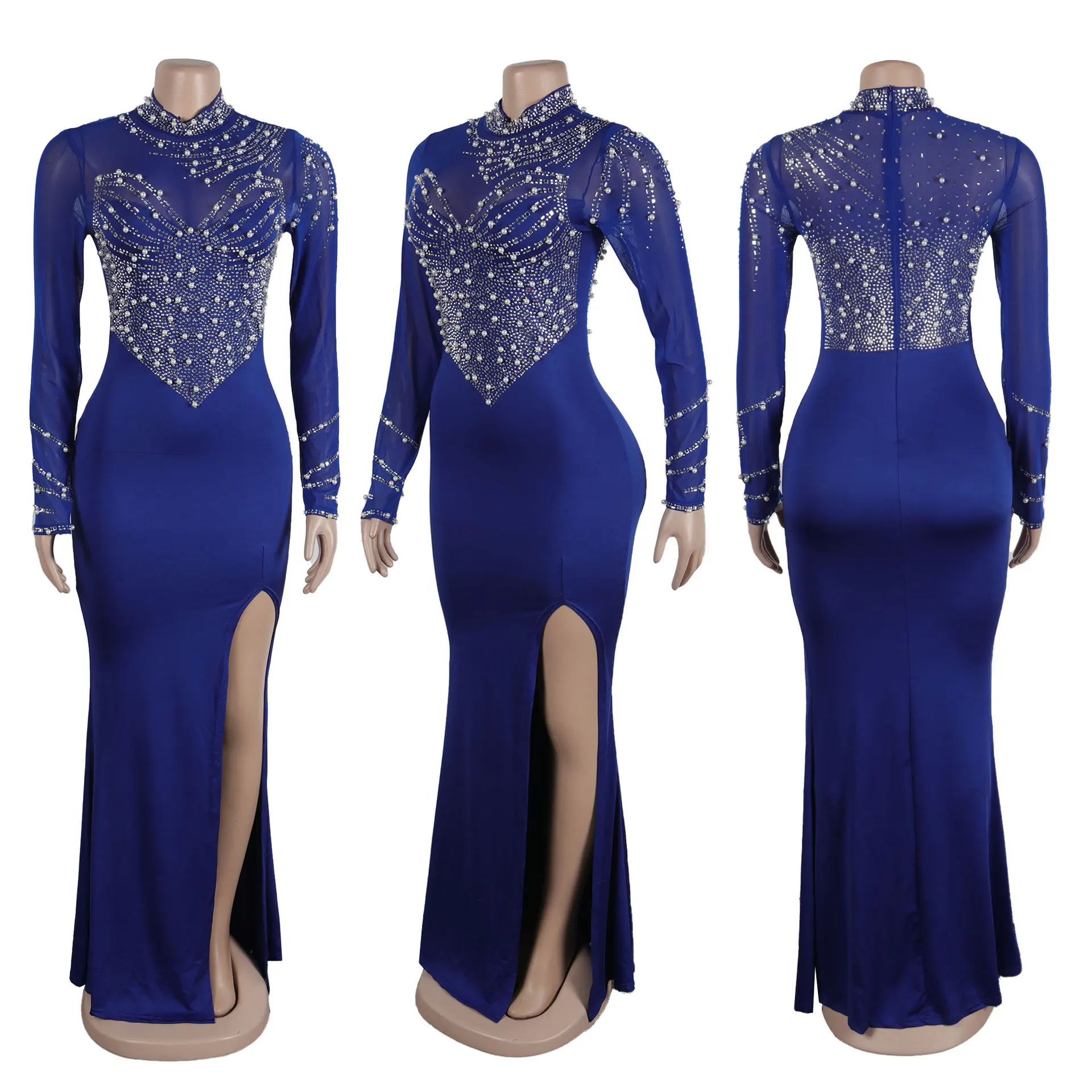 CM.YAYA Women Long Sleeve Diamonds Hot Rhinestones High Side Split Mermaid Midi Maxi Dress 2024 Even Sexy Party Dresses Vestidos