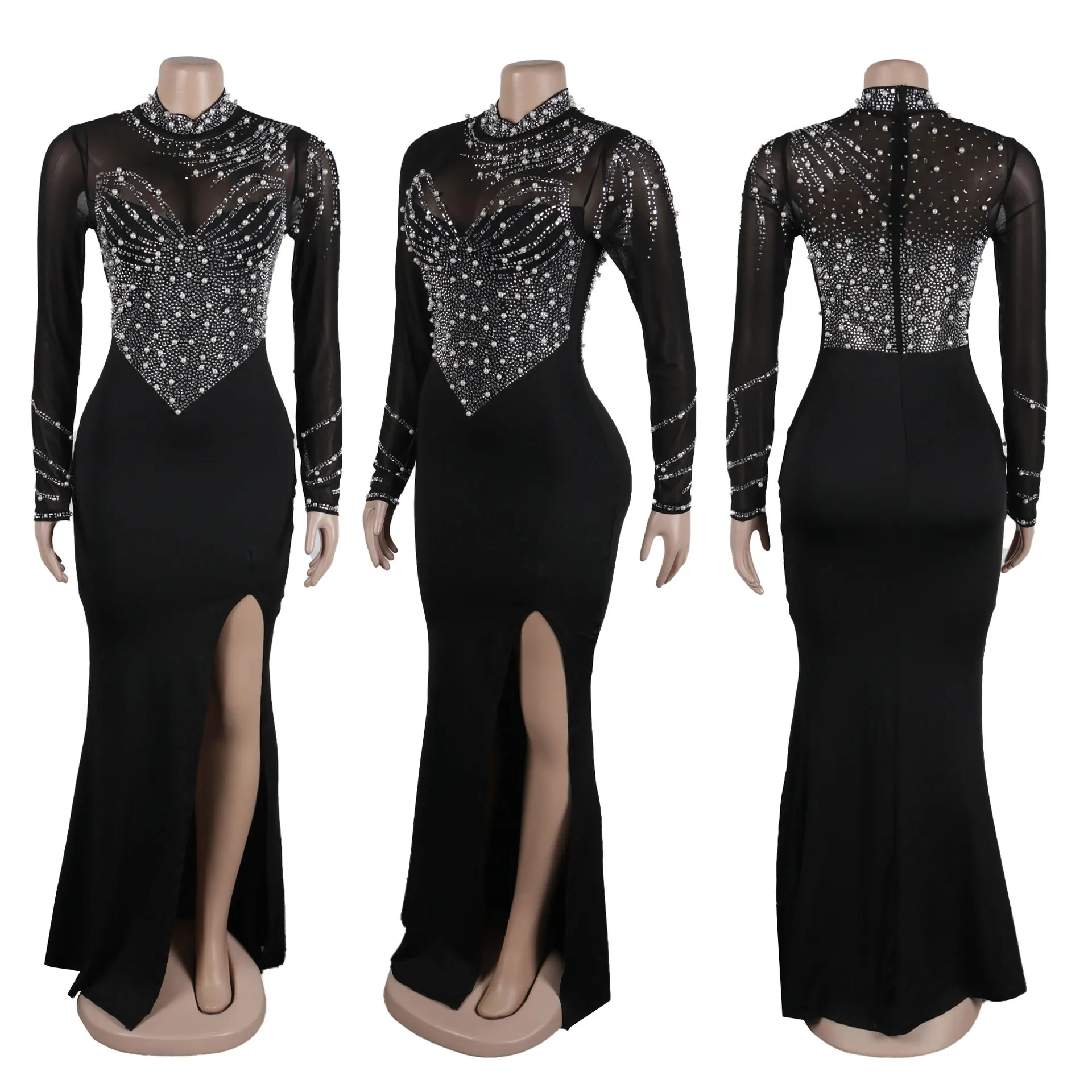 CM.YAYA Women Long Sleeve Diamonds Hot Rhinestones High Side Split Mermaid Midi Maxi Dress 2024 Even Sexy Party Dresses Vestidos