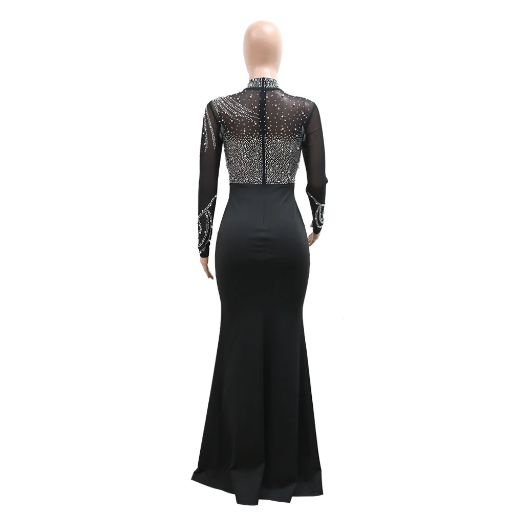 CM.YAYA Women Long Sleeve Diamonds Hot Rhinestones High Side Split Mermaid Midi Maxi Dress 2024 Even Sexy Party Dresses Vestidos