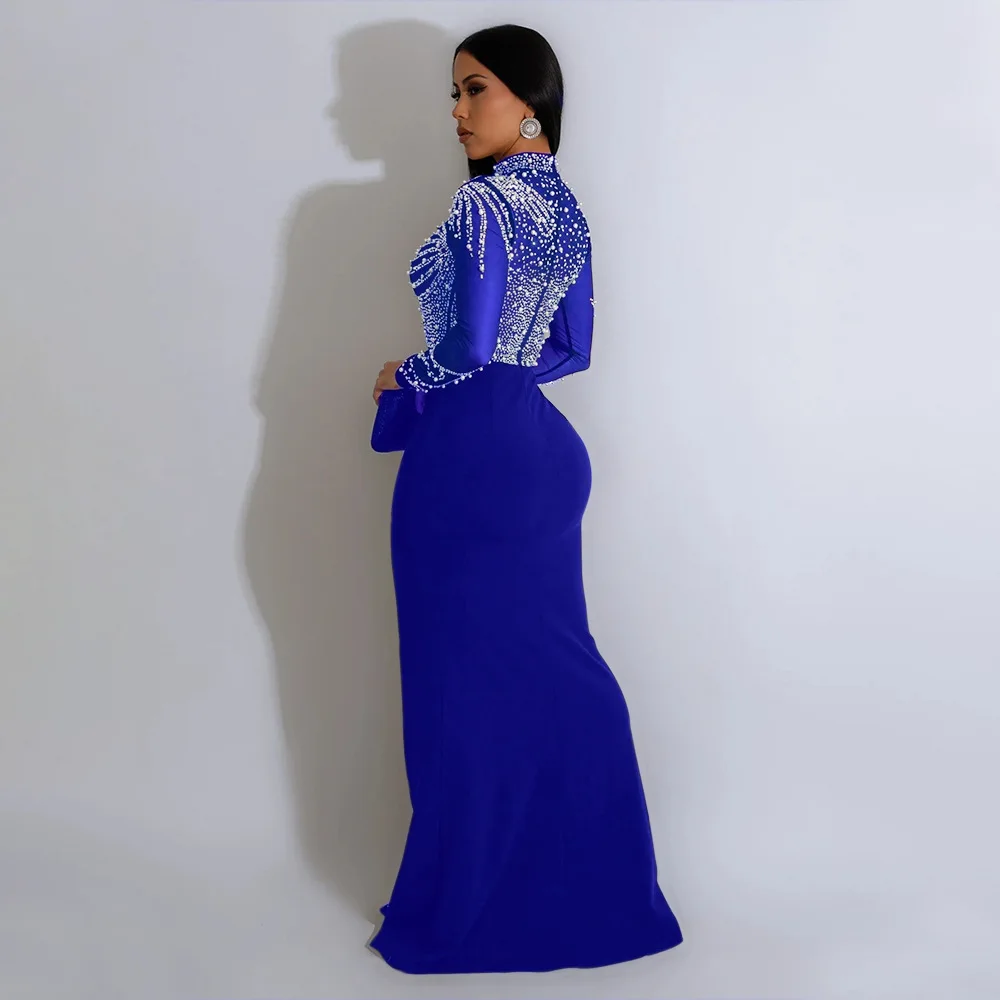 CM.YAYA Women Long Sleeve Diamonds Hot Rhinestones High Side Split Mermaid Midi Maxi Dress 2024 Even Sexy Party Dresses Vestidos