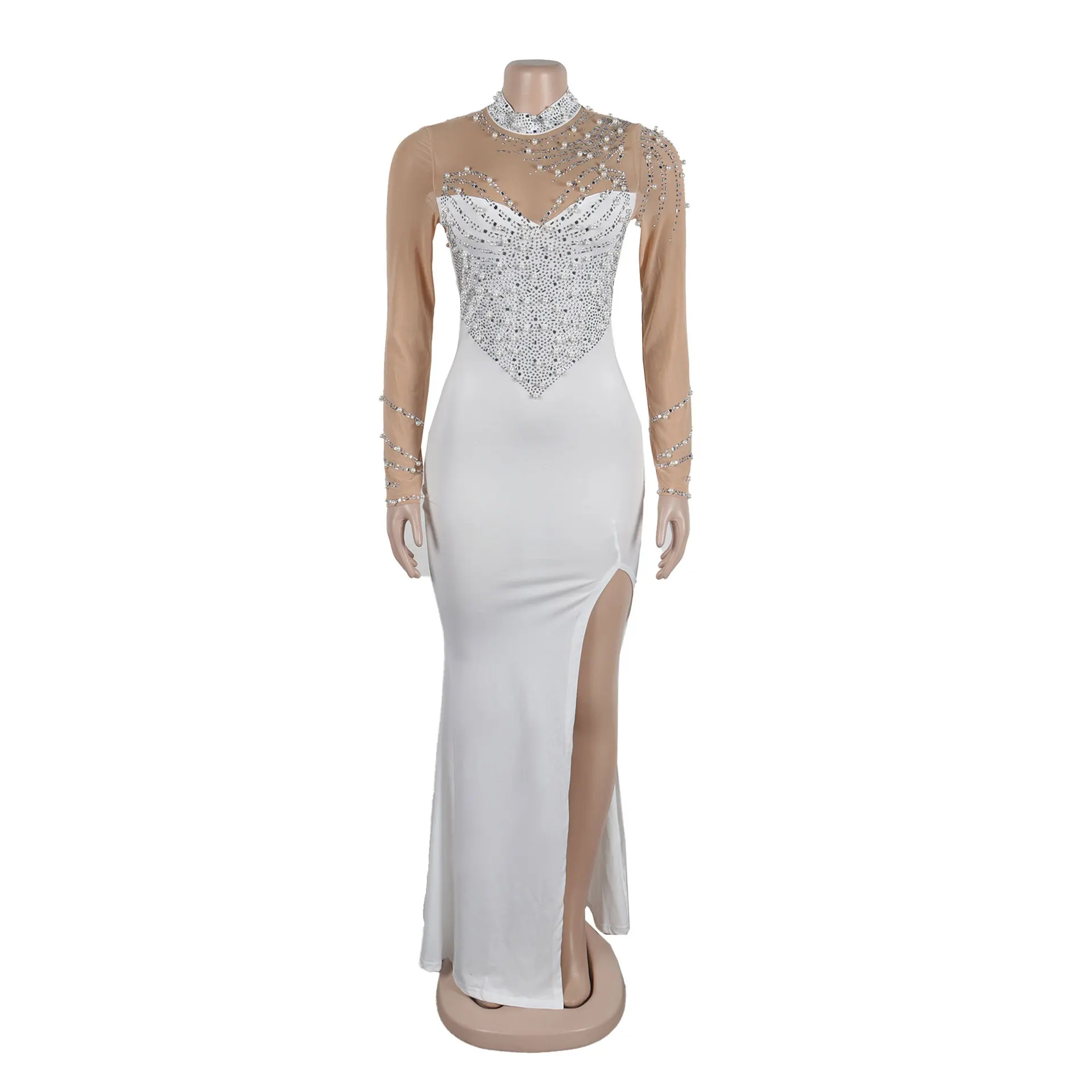 CM.YAYA Women Long Sleeve Diamonds Hot Rhinestones High Side Split Mermaid Midi Maxi Dress 2024 Even Sexy Party Dresses Vestidos
