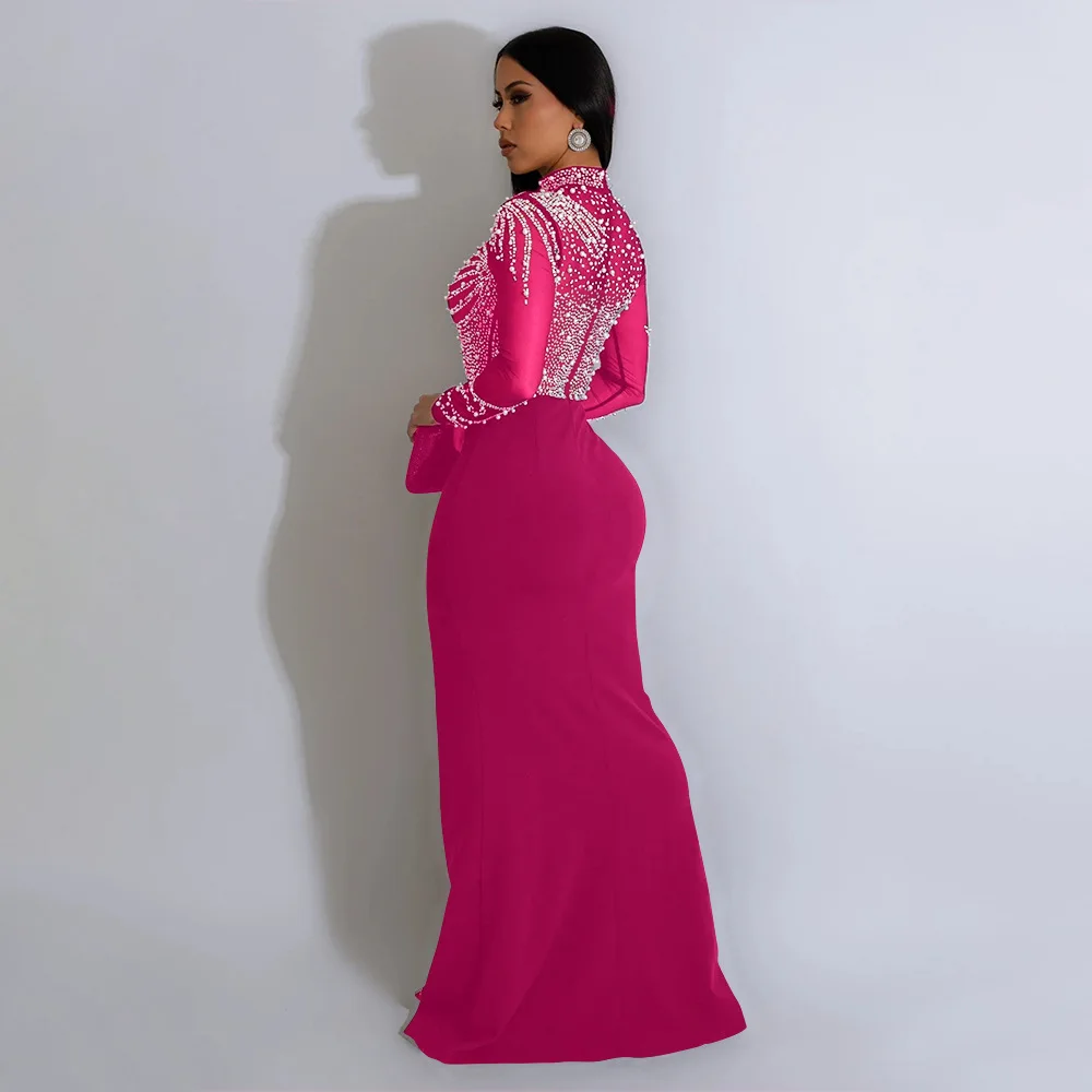 CM.YAYA Women Long Sleeve Diamonds Hot Rhinestones High Side Split Mermaid Midi Maxi Dress 2024 Even Sexy Party Dresses Vestidos