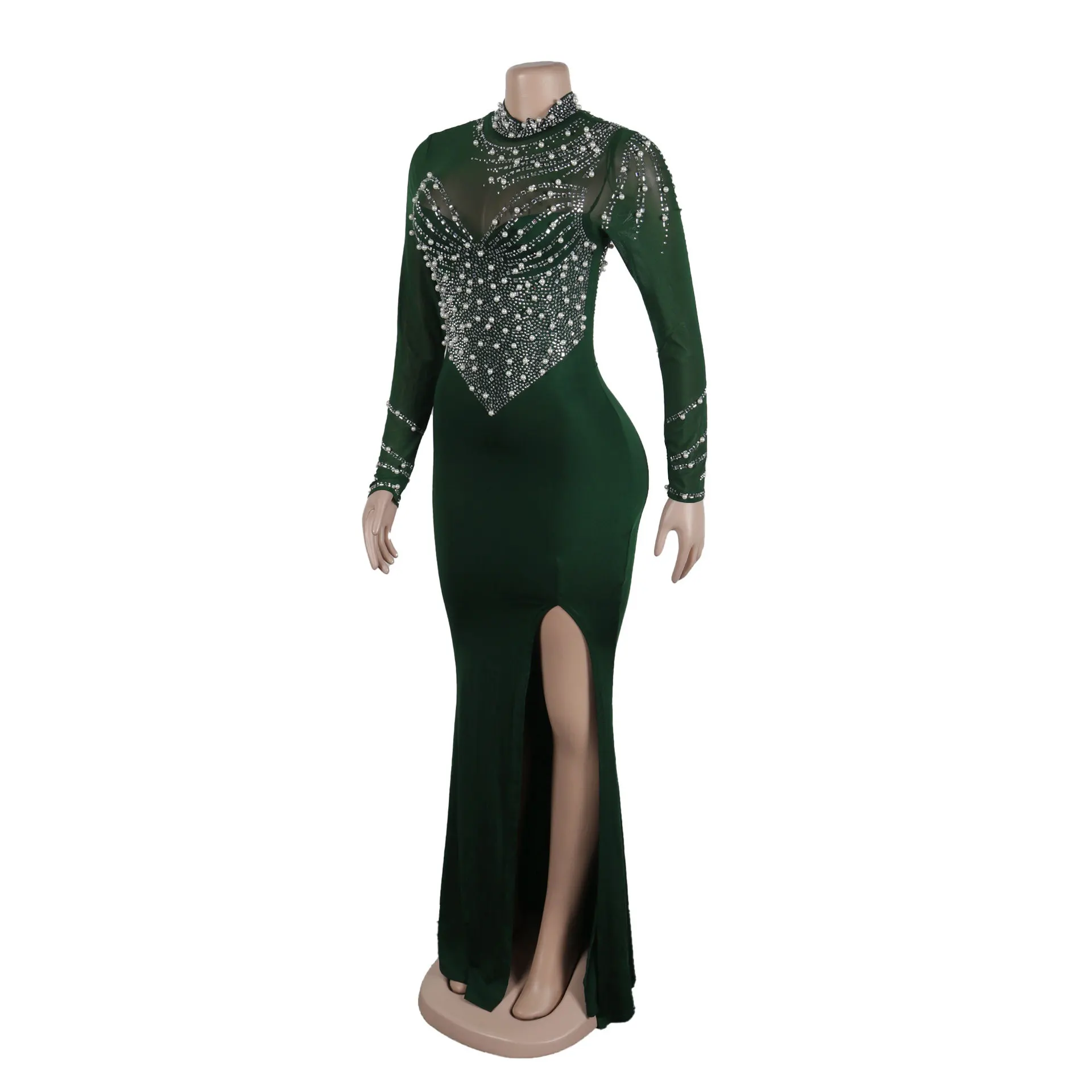 CM.YAYA Women Long Sleeve Diamonds Hot Rhinestones High Side Split Mermaid Midi Maxi Dress 2024 Even Sexy Party Dresses Vestidos
