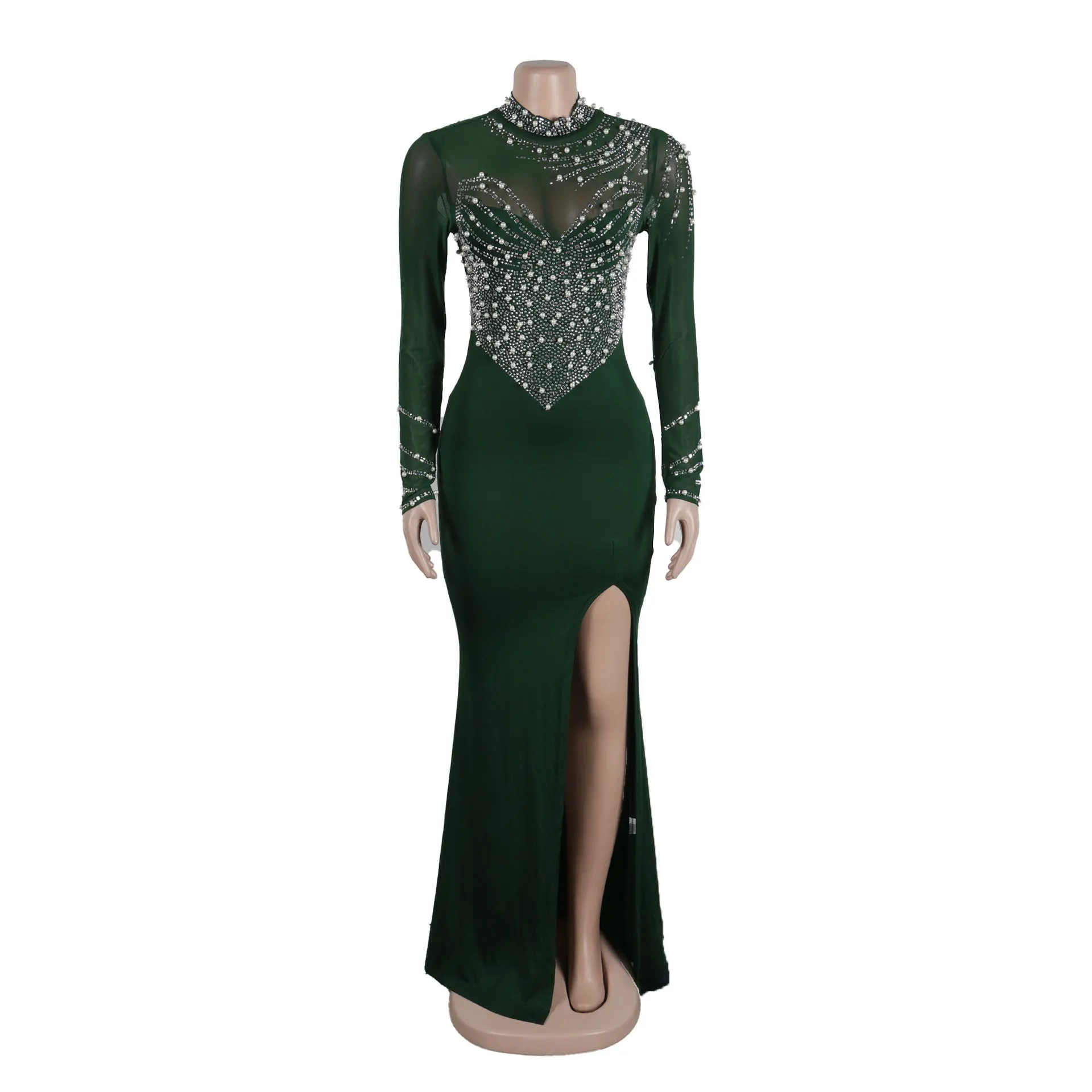 CM.YAYA Women Long Sleeve Diamonds Hot Rhinestones High Side Split Mermaid Midi Maxi Dress 2024 Even Sexy Party Dresses Vestidos
