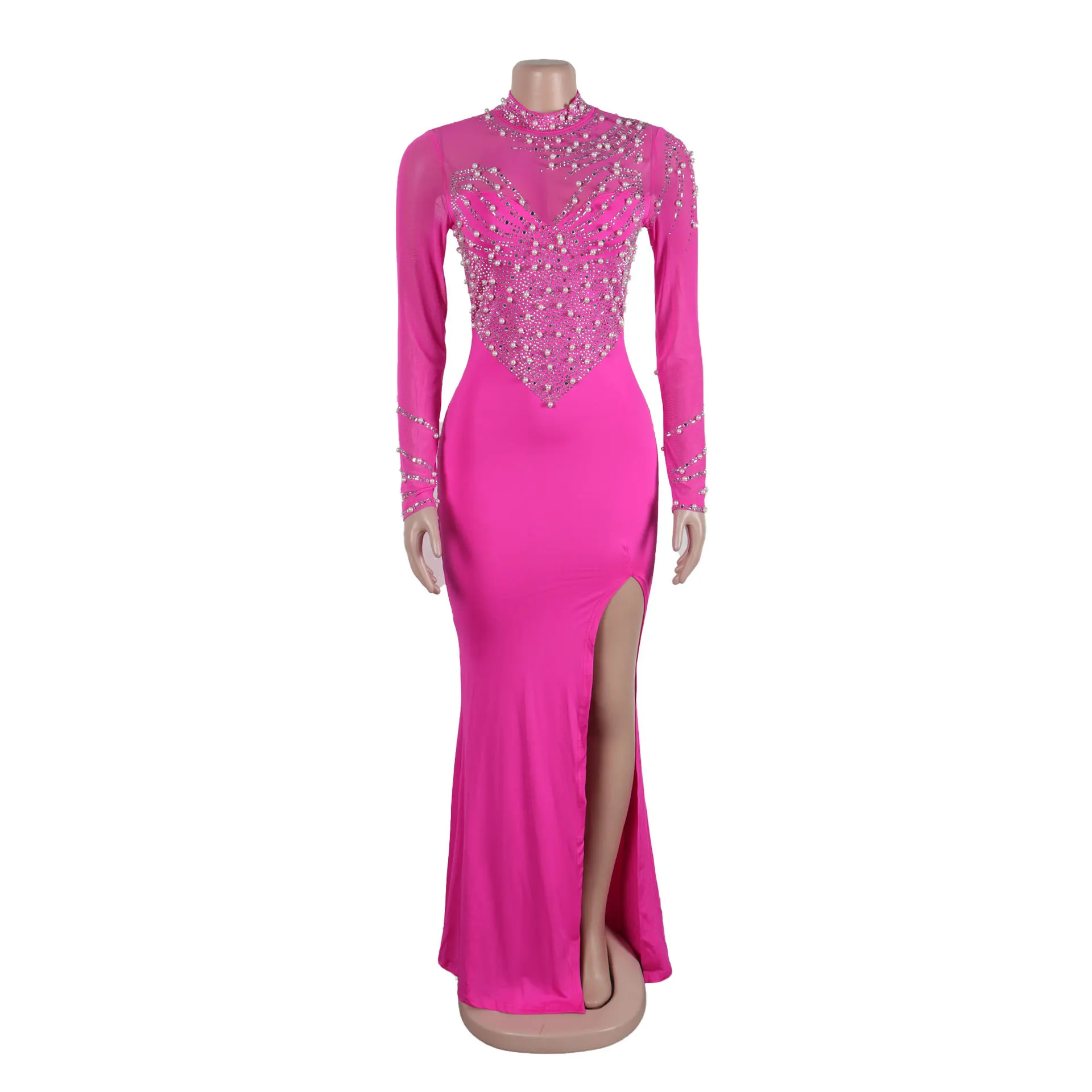 CM.YAYA Women Long Sleeve Diamonds Hot Rhinestones High Side Split Mermaid Midi Maxi Dress 2024 Even Sexy Party Dresses Vestidos