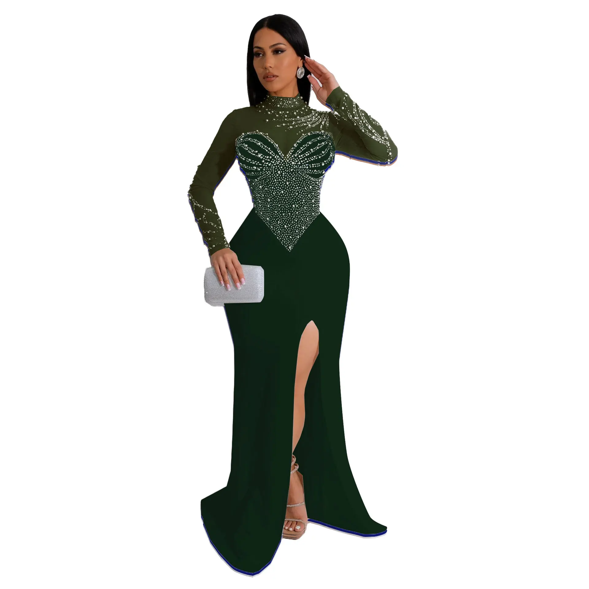 CM.YAYA Women Long Sleeve Diamonds Hot Rhinestones High Side Split Mermaid Midi Maxi Dress 2024 Even Sexy Party Dresses Vestidos